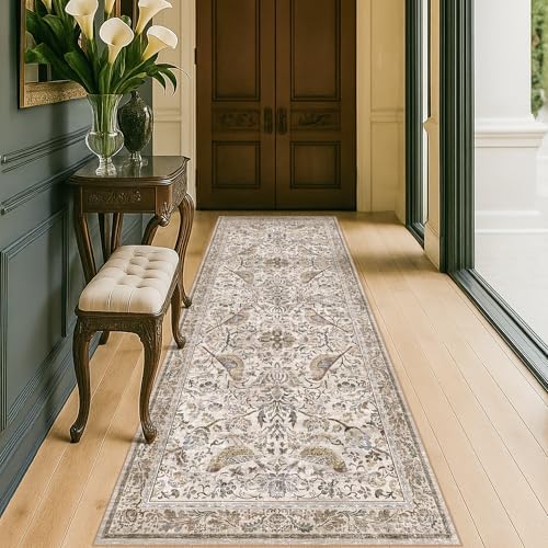 Boho 2'6"x8' Long Kitchen Runner Rugs Non Skid Washable, Stain Resistant Carpet Runners for Hallway 8ft, Low Pile Non Slip Rubber Backing Runner Rug for Kitchen, Traditional Floral Home Décor