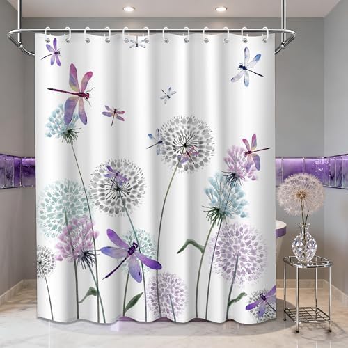 Blue Purple Dandelion Shower Curtain Spring Dragonfly Lavender Grey White Watercolor Shower Curtains for Bathroom Decor, Waterproof Cloth Fabric with Hooks 70" Wx72 L