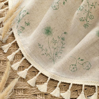Green Floral Farmhouse Vintage Linen Shower Curtain with Tassel 72Wx72H