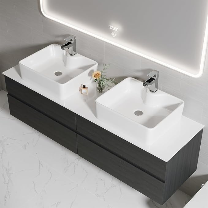 Bathroom Vanity Floating Bathroom Sink Cabinet with Ceramic Vessel Sink Wall Mounted Floating Vanity (Black & White, 59.8" W)