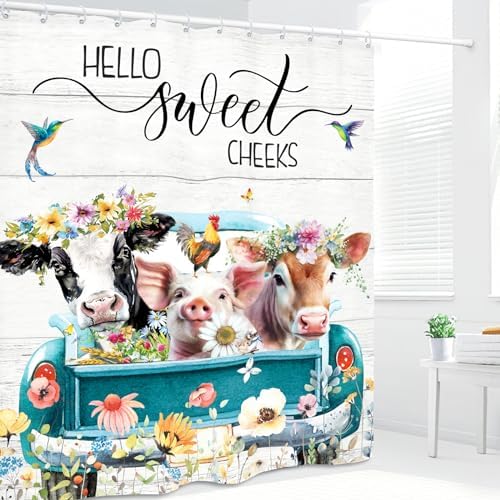 Funny Farmhouse Rustic Animal Shower Curtain 60Wx72L Inch Cow Pig Farm Teal Truck Flower Country Western Bathroom Set Accessories Decor with 12 Pack Hooks