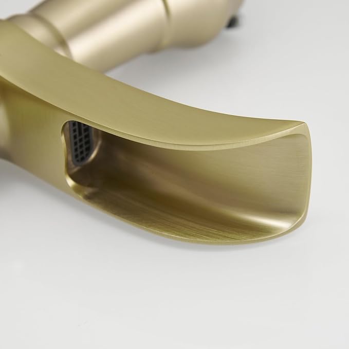 Brushed Gold Bathroom Sink Faucet Waterfall Single-Handle | Single Hole Deck Mounted, Includes Pop Up Drain with Overflow and Supply Lines, Farmhouse, Warm Luxury Metal Tone