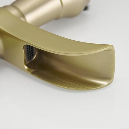 Brushed Gold Bathroom Sink Faucet Waterfall Single-Handle | Single Hole Deck Mounted, Includes Pop Up Drain with Overflow and Supply Lines, Farmhouse, Warm Luxury Metal Tone