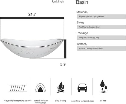 Ceramic Bathroom Sink, White Marble Boat Shape Above Counter Porcelain Vessel Sink with Black Faucet and Pop up drain Set