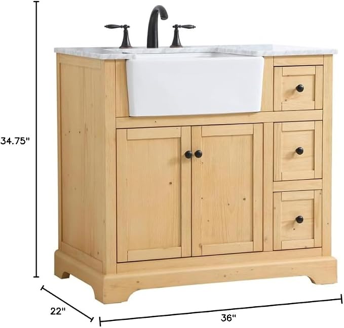 36" Pre-Assembled Bathroom Vanity with Sink, Solid Birch and MDF, Carrara White Marble Countertop Attached, Single Rectangle Porcelain Sink, 3 Soft-Close Drawers, Natural Wood