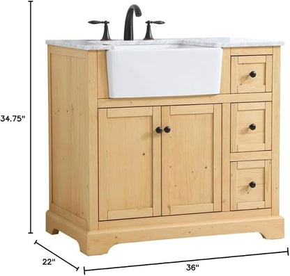 36" Pre-Assembled Bathroom Vanity with Sink, Solid Birch and MDF, Carrara White Marble Countertop Attached, Single Rectangle Porcelain Sink, 3 Soft-Close Drawers, Natural Wood