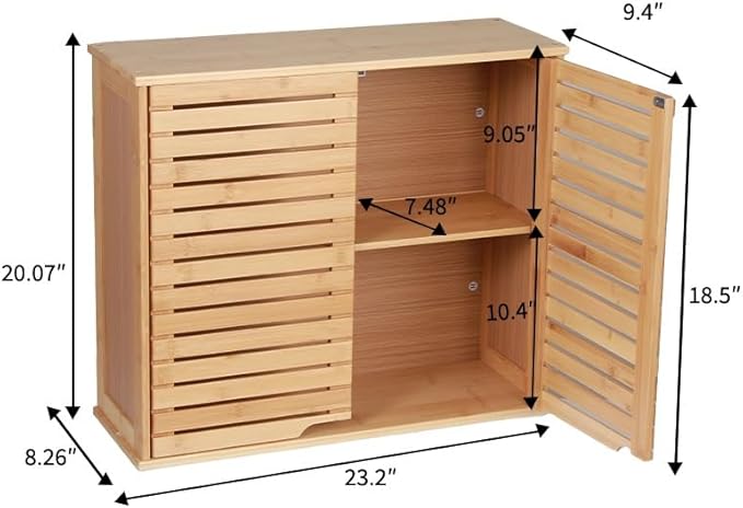 HYNAWIN Bathroom Wall Mounted Bamboo Storage Cabinet with Double Doors, 2-Tier Adjustable Shelf, Over Toilet Organizer for Bathroom, Kitchen, Entryway