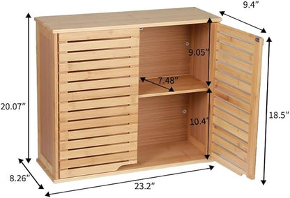 HYNAWIN Bathroom Wall Mounted Bamboo Storage Cabinet with Double Doors, 2-Tier Adjustable Shelf, Over Toilet Organizer for Bathroom, Kitchen, Entryway