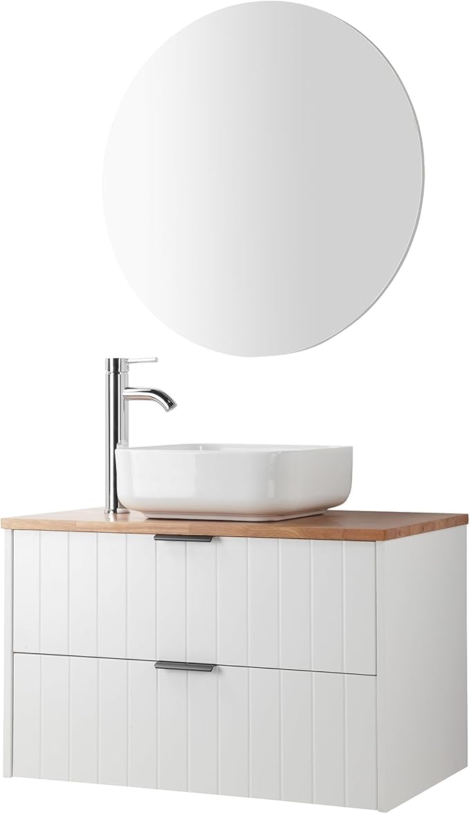 32 inch Bathroom Vanity with Sink and Solid Wood Countertop, Wall Mounted Bathroom Vanity Cabinet with 2 Drawers, Modern Floating Bathoom Vanity Set Include Square Ceramic Basin Sink & Round Mirror