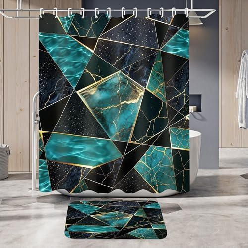 LQCOOL Teal Marble Geometric Shower Curtain Set Bathroom Sets Modern Shower Curtain Set for Bathroom Sets with Rugs and 12 Hooks