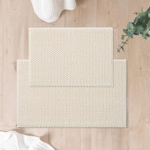 FRESHMINT Chenille Bath Rugs Set 2 Pieces, Cream White, 17''x24''+20''x32''