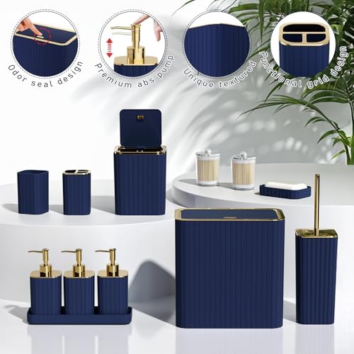 Bathroom Accessory Set - Bathroom Set, 12PC Bathroom Accessories Set, Navy Blue Bathroom Accessories Set, Mini Trash Can, Toilet Brush, Trash Can & Soap Dispenser