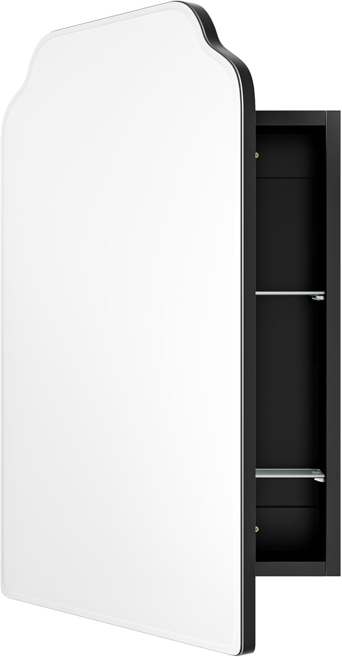 AGDULL Victorian Medicine Cabinet with Arched Mirror, Overall 16.5"W x 24"H | Recessed or Surface Mount, 15.2"W x 19.6"H Wood Black Cabinet with 16.5"W x 24"H Arched Mirror, Left-Swing Door, Soft-Close