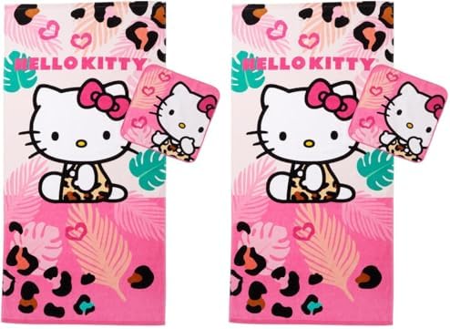 Franco Hello Kitty Kids Bath/Pool/Beach Soft Absorbent Cotton Terry Towel with Washcloth 2 Piece Set, 50 in x 25 in, (Officially Licensed Product) (Pack of 2)