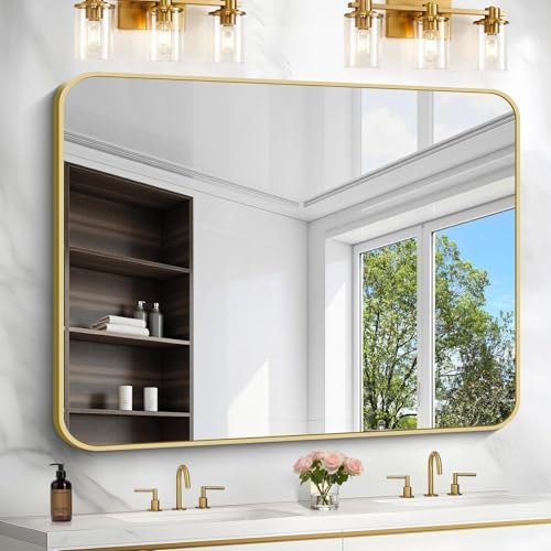 36"x48" Bathroom Mirror, Gold Rectangle Mirror, Large Rectangular Wall Mirror, Rounded Corner Vanity Mirror with Aluminum Metal Frame for Bathroom Bedroom Living Room Horizontal/Vertical