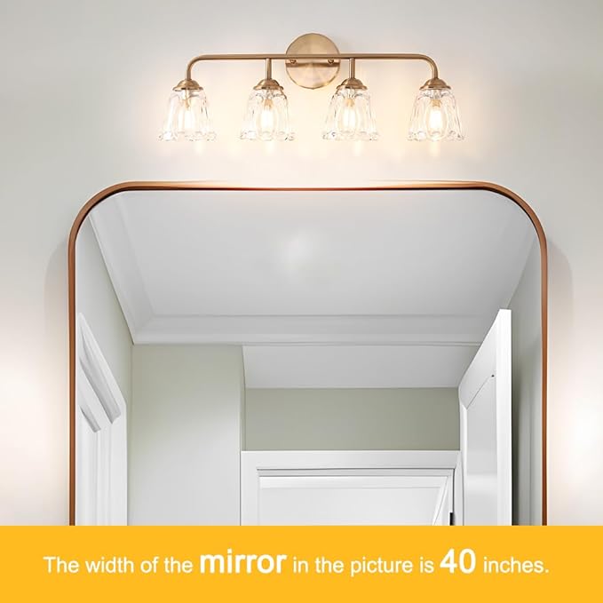 Vintage Bathroom Vanity Light, Brown Bronze Vanity Lighting, 4-Light Bathroom Lighting Fixtures Over Mirror, Elegant Flower Glass Light with Clear Shade, Gold Wall Sconce Lighting for Bedroom