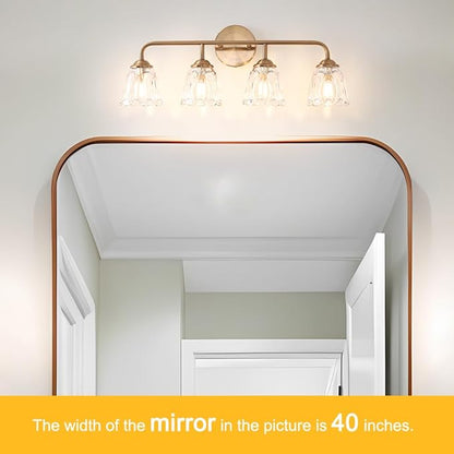 Vintage Bathroom Vanity Light, Brown Bronze Vanity Lighting, 4-Light Bathroom Lighting Fixtures Over Mirror, Elegant Flower Glass Light with Clear Shade, Gold Wall Sconce Lighting for Bedroom