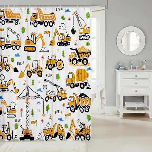 Feelyou Construction Truck Shower Curtain Kids Boys Cartoon Excavator Vehicle Tractor Cars Bathroom Waterproof Accessories with 12 Hooks 72x72 Inches Machinery Equipment Yellow Decor