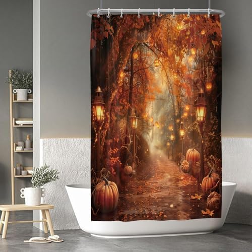 Fall Pumpkins Shower Curtain，Halloween Autumn Thanksgiving Harvest Forest Rural Trail Bathroom Decor，47 x 64 Inch Polyester Fabric Waterproof Bathroom Curtain with Hooks