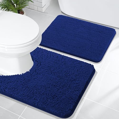 OLANLY Chenille Bathroom Rugs Mats Sets 2 Piece, 24"x16"+24"x20", Navy