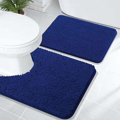OLANLY Chenille Bathroom Rugs Mats Sets 2 Piece, 24"x16"+24"x20", Navy