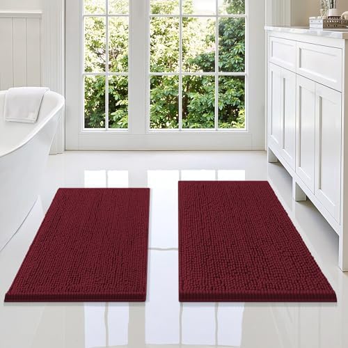 Smiry Chenille Bathroom Rugs Sets 2 Piece (34x21+30x20, Burgundy)