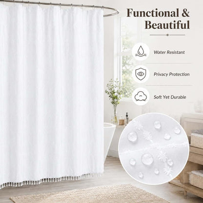 OVZME Extra Long White Shower Curtain 84 Inch Long, Puff Printed Textured Shower Curtain with Tassels, Tall Farmhouse Geometry Bathroom Curtain, Water Resistant Fabric, 72Wx84L Inches