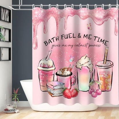 LQCOOL Pink Shower Curtain Set with Rugs,Waterproof Bathroom Sets Pink Shower Curtain with 12 Hooks for Bathroom Decor,Toilet Lid Cover & U-Shaped Mat