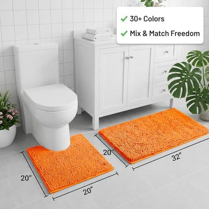 Bathroom Rugs Sets 2 Piece,Super Absorbent Chenille Bath Mats and U-Shaped Toilet Rug,Strong PVC Non Slip Backing,Microfiber Washable Dry Quickly Bath Mats for Bathroom(20"x32"+20"x20"U, Orange)