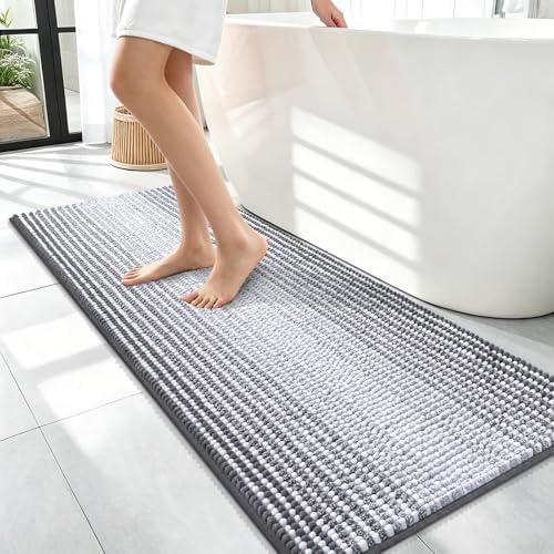 OLANLY Bathroom Runner Rugs 47x17, Soft Chenille Striped Bath Rugs, Grey
