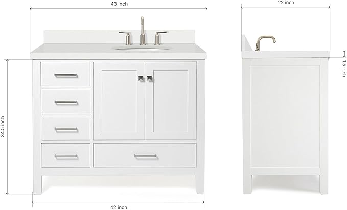 ARIEL Cambridge 42-inch Bathroom Vanity with Sink,Solid Wood, 1.5-inch Pure White Quartz Countertop & Backsplash, Single Oval Porcelain Sink, 2 Soft Closing Doors, 5 Dovetail Drawers, White