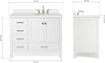 ARIEL Cambridge 42-inch Bathroom Vanity with Sink,Solid Wood, 1.5-inch Pure White Quartz Countertop & Backsplash, Single Oval Porcelain Sink, 2 Soft Closing Doors, 5 Dovetail Drawers, White