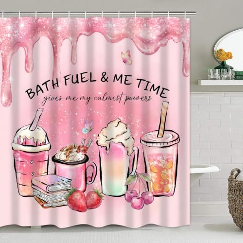 LQCOOL Pink Shower Curtain Set with Rugs,Waterproof Bathroom Sets Pink Shower Curtain with 12 Hooks for Bathroom Decor,Toilet Lid Cover & U-Shaped Mat
