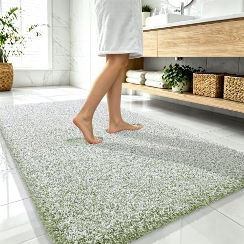 OLANLY Microfiber Bathroom Rugs 59x35, Quick Dry Mat, Sage Green and White