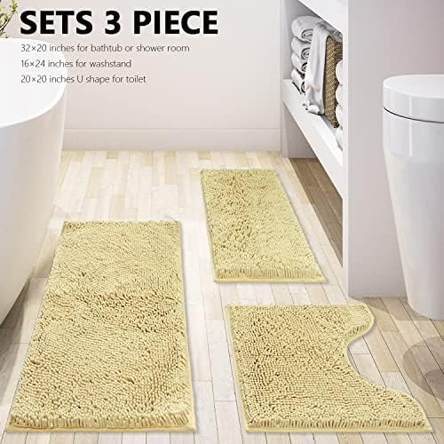 Bath Rugs Chenille 3-Piece Extra Soft and Absorbent Shag Beige Bathroom Rugs, Machine Wash Mat, Strong PVC Non-Slip Underside, Plush Carpet Mats (Beige)