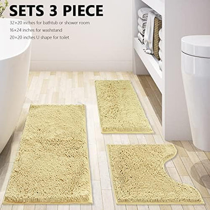 Bath Rugs Chenille 3-Piece Extra Soft and Absorbent Shag Beige Bathroom Rugs, Machine Wash Mat, Strong PVC Non-Slip Underside, Plush Carpet Mats (Beige)