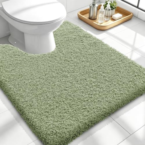 OLANLY Microfiber Soft Bathroom Toilet Rugs U-Shaped, 24x20, Sage Green