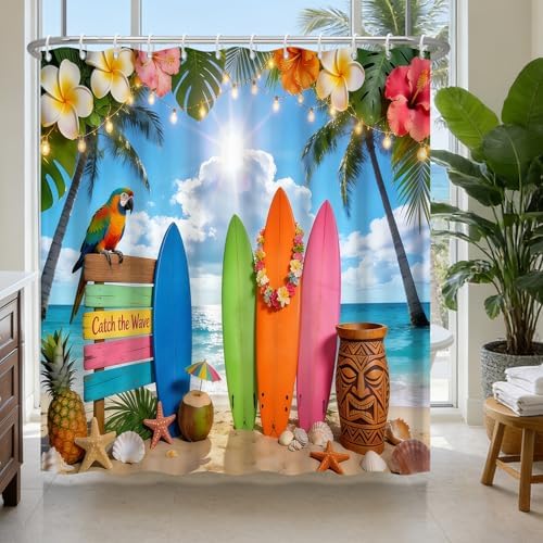 Summer Hawaiian Waterproof Shower Curtain with Hooks, Tropical Hawaiian Beach Shower Curtain with Weighted Bottom & Metal Grommets, Machine Washable Coastal Shower Curtains for Bathroom, 72"W x 72"L