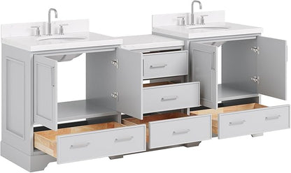ARIEL Stafford 84-inch Bathroom Vanity with Sink,Solid Wood, 1.5in Carrara White Quartz Countertop & Backsplash, Double Oval Porcelain Sink, 4 Soft Closing Doors, 5 Dovetail Drawers, Grey