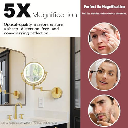 Rechargeable Wall Mount Makeup Mirror Gold for Bathroom, Upgraded Brightness 3 Colors LED Dimmable 360 Rotation Wall-Fixed Ergonomically 1X/5X Magnifying Mirror with Swing Arm, Brushed Gold