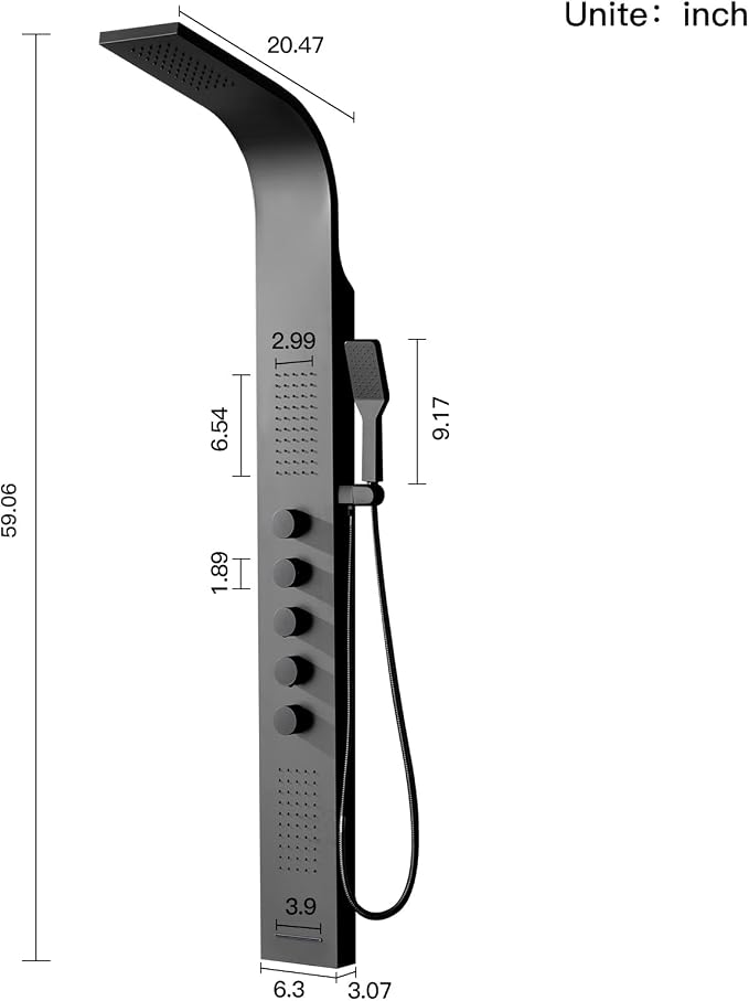 BWE Black Shower Tower Multifunction Shower Panel System | Stainless Steel Panel with Handheld Wand Rainfall Shower Head Wall Mount Shower Column