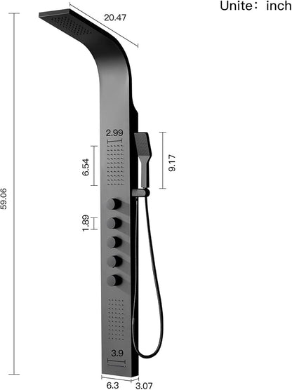 BWE Black Shower Tower Multifunction Shower Panel System | Stainless Steel Panel with Handheld Wand Rainfall Shower Head Wall Mount Shower Column