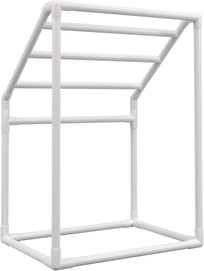 VEVOR Pool Towel Rack, 5 Bar, White, Freestanding Outdoor PVC Trapedozal Poolside Storage Organizer, Include 8 Towel Clips, Mesh Bag, Hook, Also Stores Floats and Paddles, for Beach, Swimming Pool
