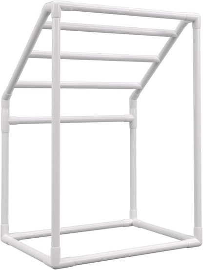 VEVOR Pool Towel Rack, 5 Bar, White, Freestanding Outdoor PVC Trapedozal Poolside Storage Organizer, Include 8 Towel Clips, Mesh Bag, Hook, Also Stores Floats and Paddles, for Beach, Swimming Pool