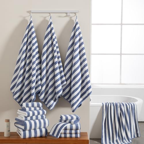 18 Pcs Blue Purple Stripe Bath Towel Set with Hanging Loop-6 Bath Towels,6 Hand Towels,6 Washcloths Soft Family Towels Set Bathroom Towel Highly Absorbent Quick Dry Shower Towel for Beach Chair Hotel