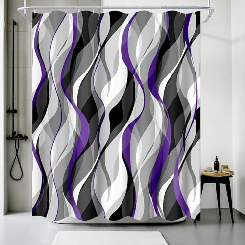 Purple and Grey Shower Curtain for Bathroom Purple and Black Shower Curtain Fabric Modern Abstract Striped Minimalist Bath Curtains Waterproof Shower Curtains Set, Black Gray Purple, 72 x 72 Inch
