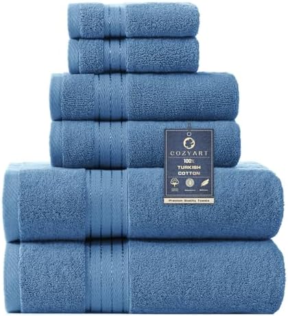 COZYART Denim Blue Bath Towel Set, Turkish Cotton Hotel Large Towel Bulk for Bathroom, Thick Bathroom Sets of 6 with 2 Bath Towels, 2 Hand Towels, 2 Washcloths, 650 GSM