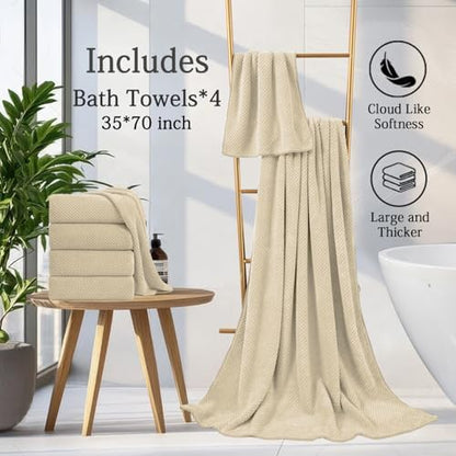 Extra Large Bath Towels Set 35x70 Inches - Beige Luxury 600 GSM Oversized Bath Sheet Towel,Ultra Soft Microfiber - Quick Dry,Highly Absorbent Shower Towels Spa Hotel Bathroom Towel Set (4-Pack)