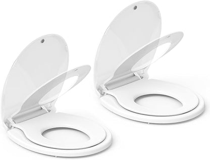 19" Round Toilet Seat 2-Piece Set for Adult and Child, Built-In Potty Training with Soft Quiet Close and Non-Slip Design, Magnetic Seat and Cover, White, Easy to Install