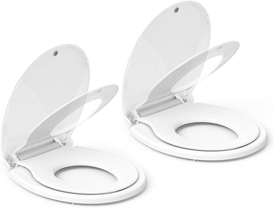 19" Round Toilet Seat 2-Piece Set for Adult and Child, Built-In Potty Training with Soft Quiet Close and Non-Slip Design, Magnetic Seat and Cover, White, Easy to Install